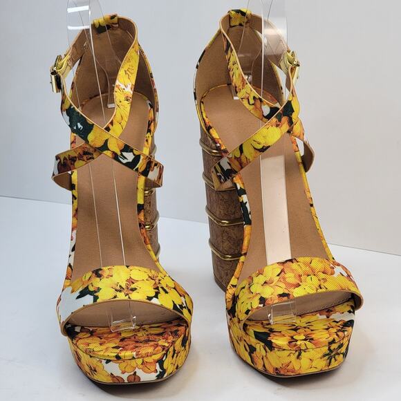 Charlotte Russe Shoes - Cottagecore 9M Open Toe Yellow Floral Strappy 5" Block Heels Sandals Boho Retro